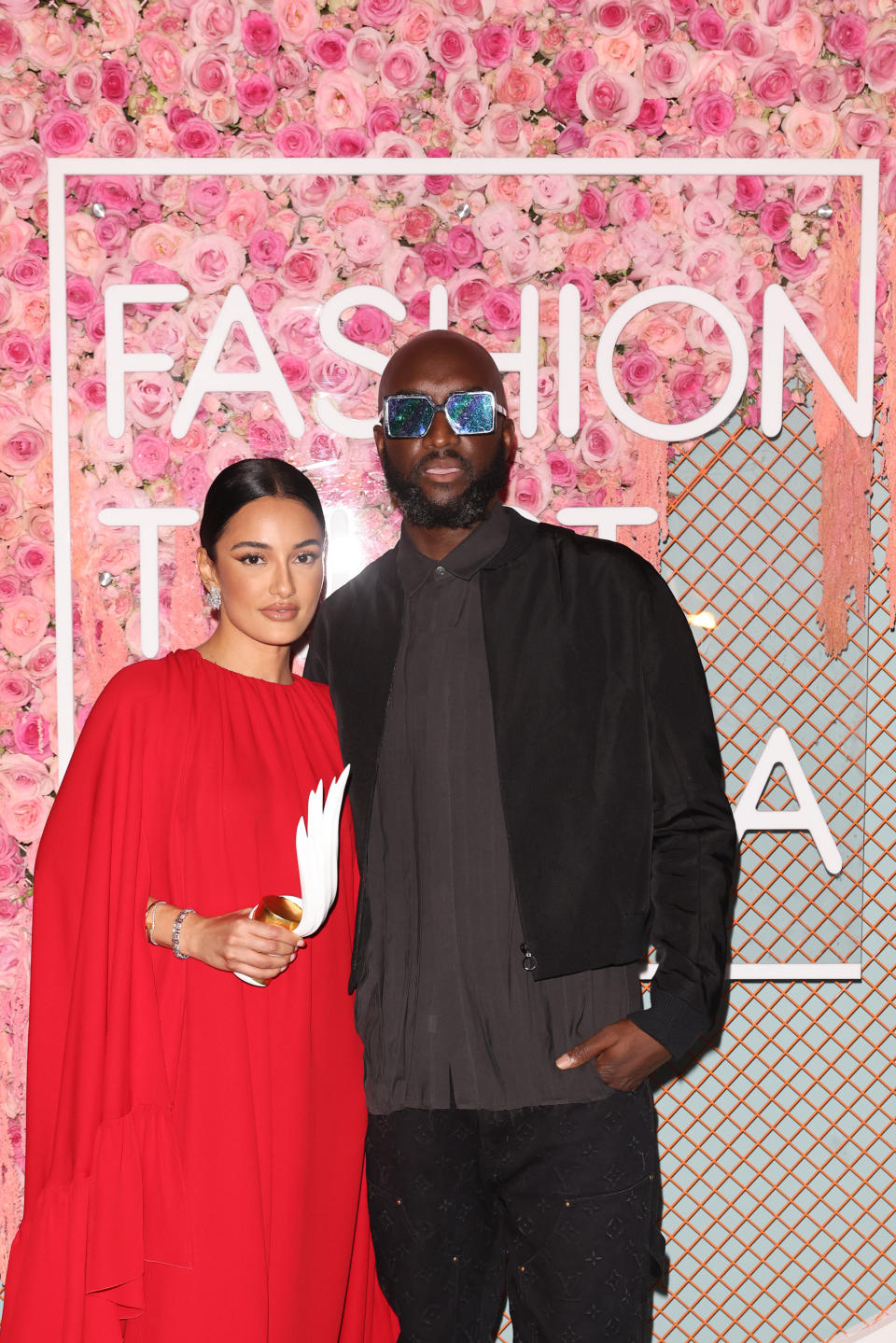 Amina Muaddi and Virgil Abloh at the Fashion Trust Arabia Prize 2021 Awards ceremony at The National Museum of Qatar. - Credit: Image Courtesy of Dave Benett/FTA