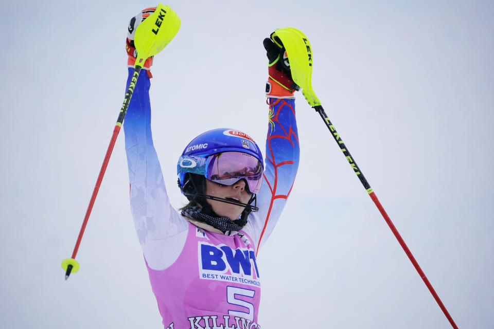 United State's Mikaela Shiffrin celebrates after finishing a women's World Cup slalom ski race Sunday, Nov. 28, 2021, Killington, Vt. (AP Photo/Robert F. Bukaty)