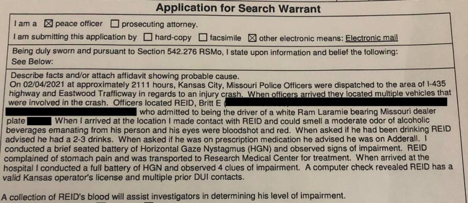 A portion of an application for a search warrant describes details of a car crash in Kansas City involving Britt Reid, son of Chiefs coach Andy Reid. The application was filed by a police officer in Jackson County Circuit Court to obtain a search warrant as part of the investigation.