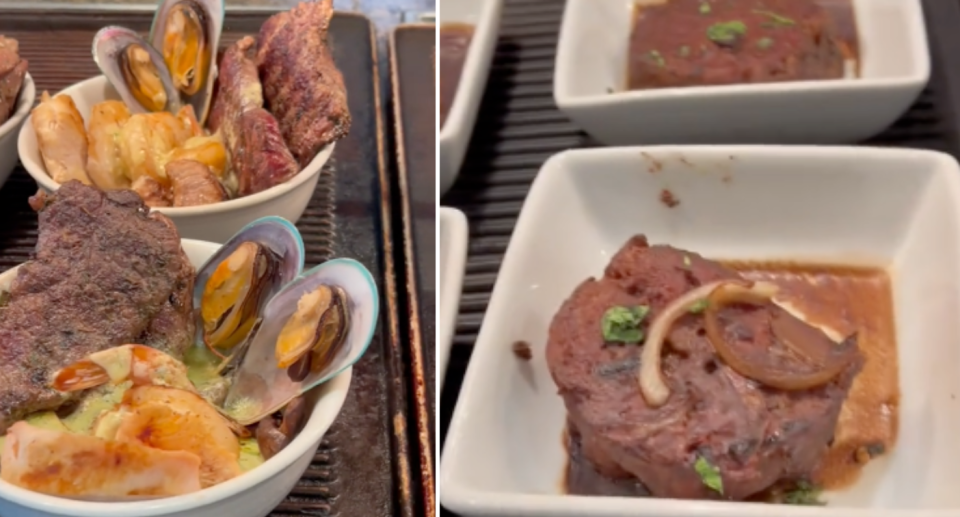 Screenshots of the Surf n Turf bowl (left) and meatloaf (right) from the cruise. 