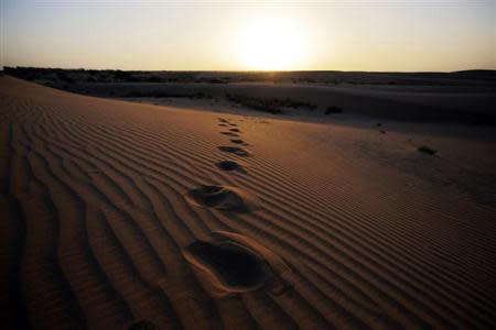 The sun sets on an area of desert on the outskirts of Minqin town, in Gansu province September 20, 2013. REUTERS/Carlos Barria