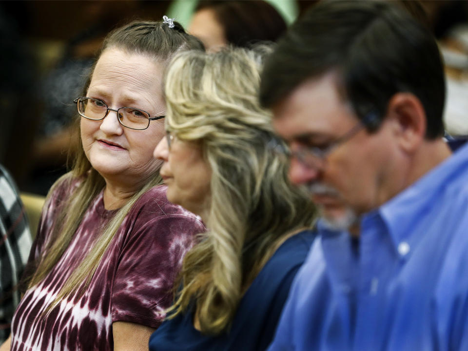 Lisa Daugherty, mother of Jessica Chambers, attends the retrial of Quinton Tellis in Batesville, Miss., on Wednesday, Sept. 26, 2018. Tellis is charged with burning 19-year-old Chambers to death in December 2014. Tellis has pleaded not guilty to the murder. (Mark Weber /The Commercial Appeal via AP, Pool)