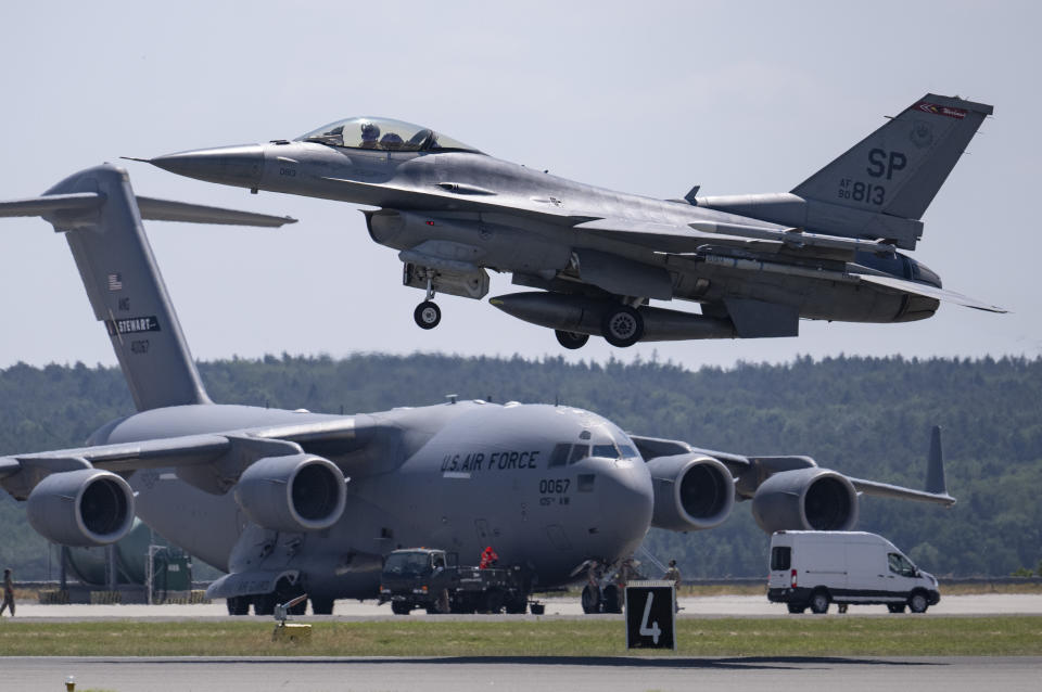 FILE - A U.S. Air Force F-16 fighter takes off from the Spangdahlem Air Base in Spangdahlem, Germany, Wednesday, June 14, 2023 during the Air Defender 2023 exercise. Russia’s armed forces are bruised but by no means beaten in the war in Ukraine, a top NATO military officer said Monday, as he laid out the biggest revamp to the organization’s military plans since the Cold War should Moscow dare to widen the conflict. (Boris Roessler/dpa via AP, File)