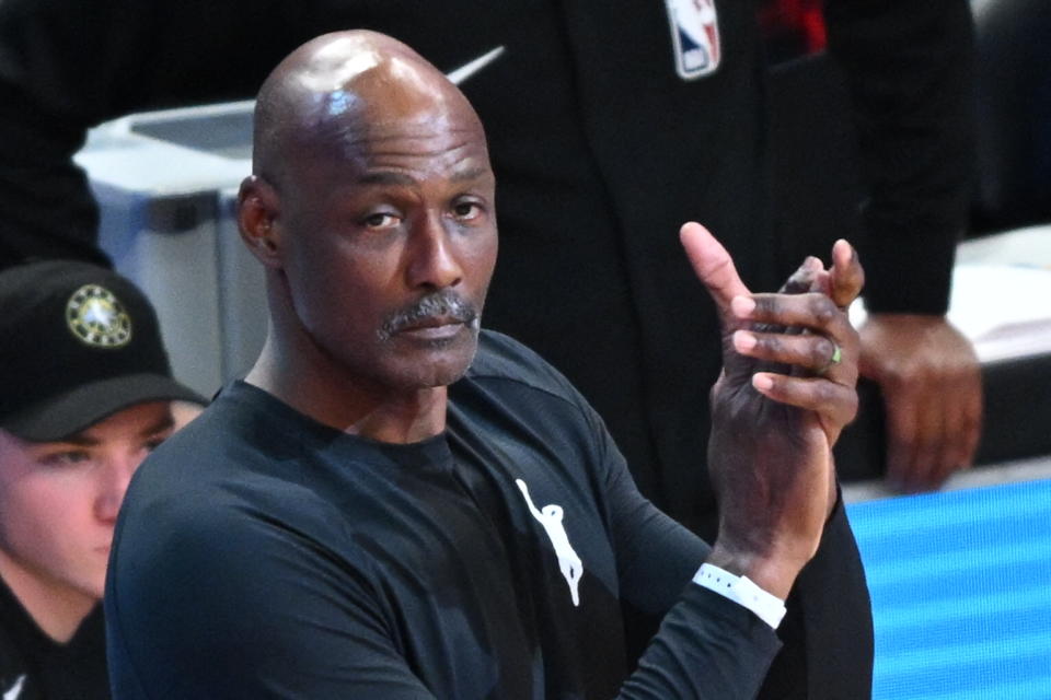 Yes, Karl Malone is a Utah Jazz icon. He's also not exactly the kind of person you'd figure the NBA would want to showcase during one of its most high-profile weekends. (Photo by PATRICK T. FALLON/AFP via Getty Images)