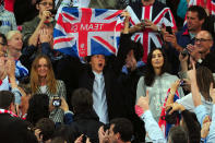 (L-R) Designer Stella McCartney, Paul McCartney and wife Nancy Shevell cheer on the athletes on Day 8 of the London 2012 Olympic Games at Olympic Stadium on August 4, 2012 in London, England. (Photo by Stu Forster/Getty Images)