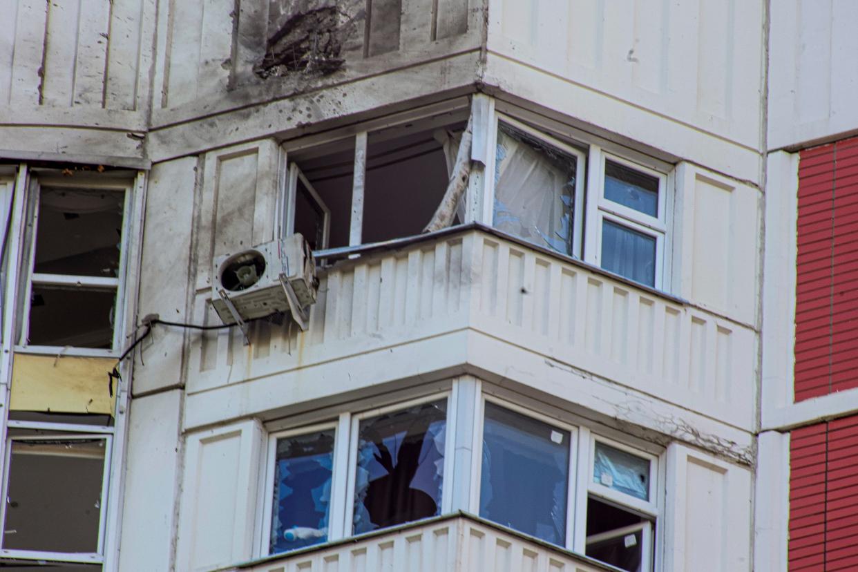 Part of an apartment building which was reportedly damaged by Ukrainian drone in Moscow, Russia
