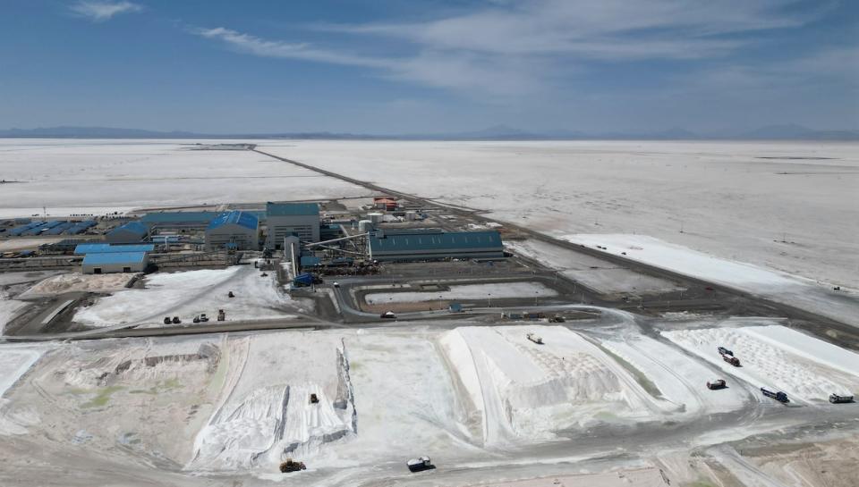 An industrial plant to produce lithium carbonate, used to manufacture lithium batteries, stands after its opening ceremony in the Uyuni salt desert on the outskirts of Llipi, Bolivia, Friday, Dec. 15, 2023.