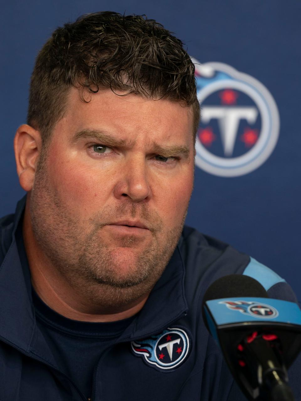 Tennessee Titans general manager Jon Robinson responds to questions during a press conference about the start of training camp at Saint Thomas Sports Park Tuesday, July 26, 2022, in Nashville, Tenn. 