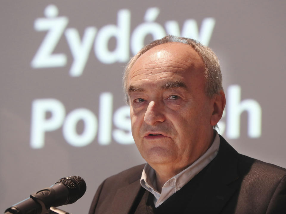 The new director of Poland's landmark POLIN museum of Jewish history, Zygmunt Stepinski, is addressing reporters to vow the museum's independence and continuation of mission following a yearlong stalemate with the government, at the POLIN museum, in Warsaw, Poland, Friday, Feb. 28, 2020. (AP Photo/Czarek Sokolowski)