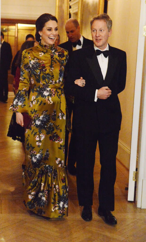 <p>For a formal dinner in Stockholm, the 36-year-old dressed her bump in a floral-emblazoned Erdem dress on January, 30. <em>[Photo: Getty]</em> </p>