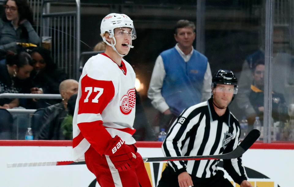 Detroit Red Wings defenseman Simon Edvinsson (77) reacts after scoring the game winning goal against the Pittsburgh Penguins during the third period at PPG Paints Arena in Pittsburgh on Wednesday, Oct. 4, 2023.
