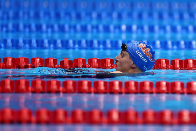 Katie Ledecky hangs out after winning the 1500-meter freestyle by 20 seconds.