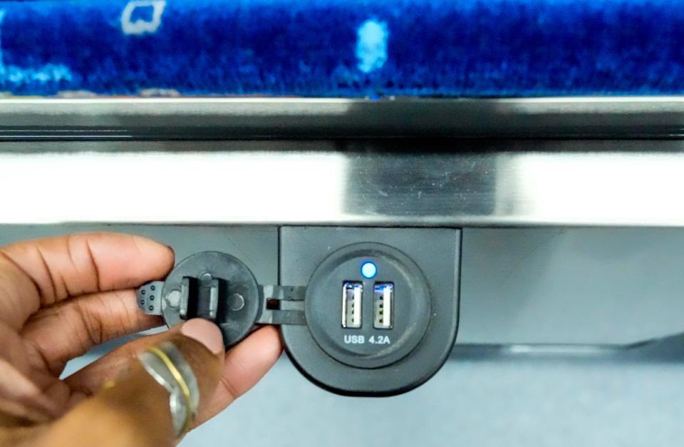 USB charging hubs displayed in each seat of the newest and first Milwaukee County Transit System electric bus called MCTS Connect Thursday, Nov. 10, 2022, in downtown Milwaukee.