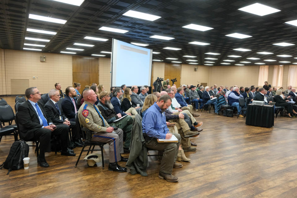 Witnesses and members of the public gathered Tuesday on the first day of the Panhandle Wildfire Investigative Committee hearing in Pampa.