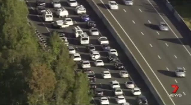 Traffic is backed back on the motoway. Source: 7 News.