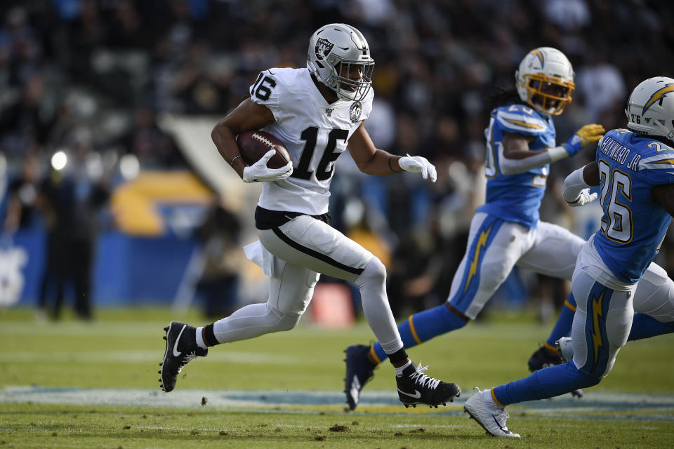 FILE - In this Dec. 22, 2019, file photo, Oakland Raiders wide receiver Tyrell Williams runs against the Los Angeles Chargers during the first half of an NFL football game in Carson, Calif. Whether it was Kansas City getting rid of banged-up and expensive starting offensive tackles Mitchell Schwartz and Eric Fisher, or the Raiders cutting ties with Lamarcus Joyner and Tyrell Williams, veterans around the league have been sent to the chopping block. (AP Photo/Kelvin Kuo, File)