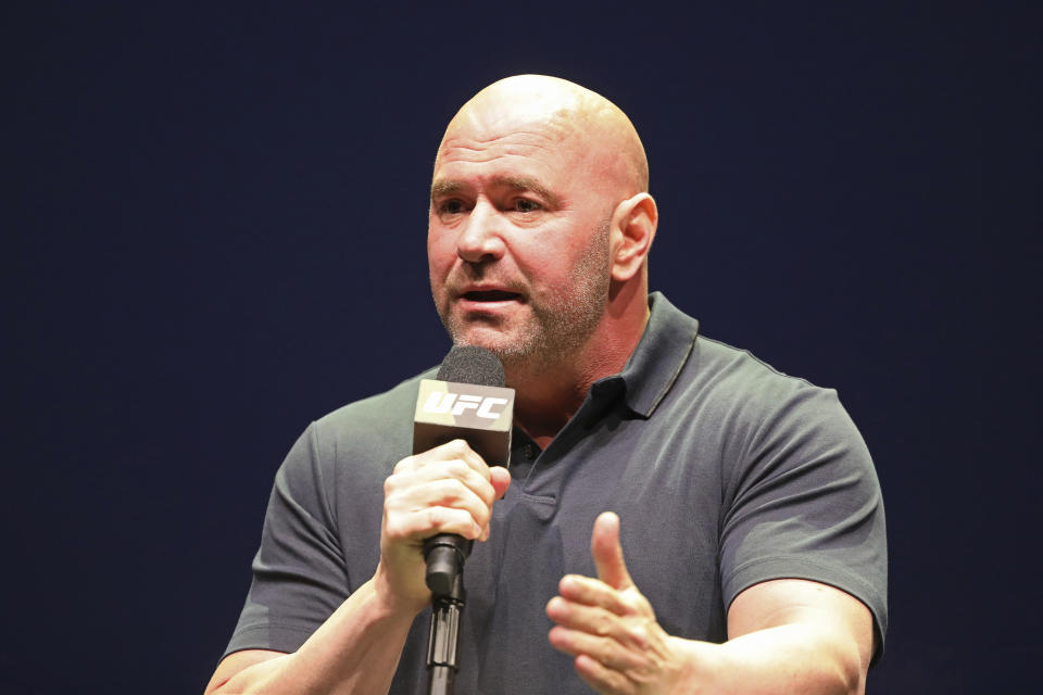 Dana White speaks at a news conference for the UFC 244 mixed martial arts event, Thursday, Sept. 19, 2019, in New York. Jorge Masvidal is scheduled to fight Nate Diaz Saturday, November 2 at Madison Square Garden. (AP Photo/Gregory Payan)