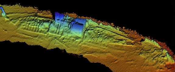 This downward view of the shipwreck SS City of Chester was taken with Coda Octopus' 3D Echoscope sonar. The ship's steam engine and boilers (in blue) are still in place.