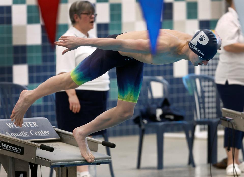 Pittsford’s Lucas Golembiewski gets off the blocks to win the 50 freestyle with a time of :21.01.