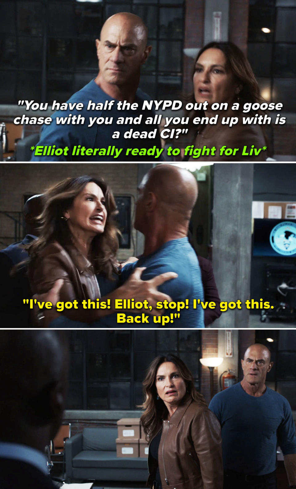 Olivia and Elliot arguing as Elliot tries to defend her