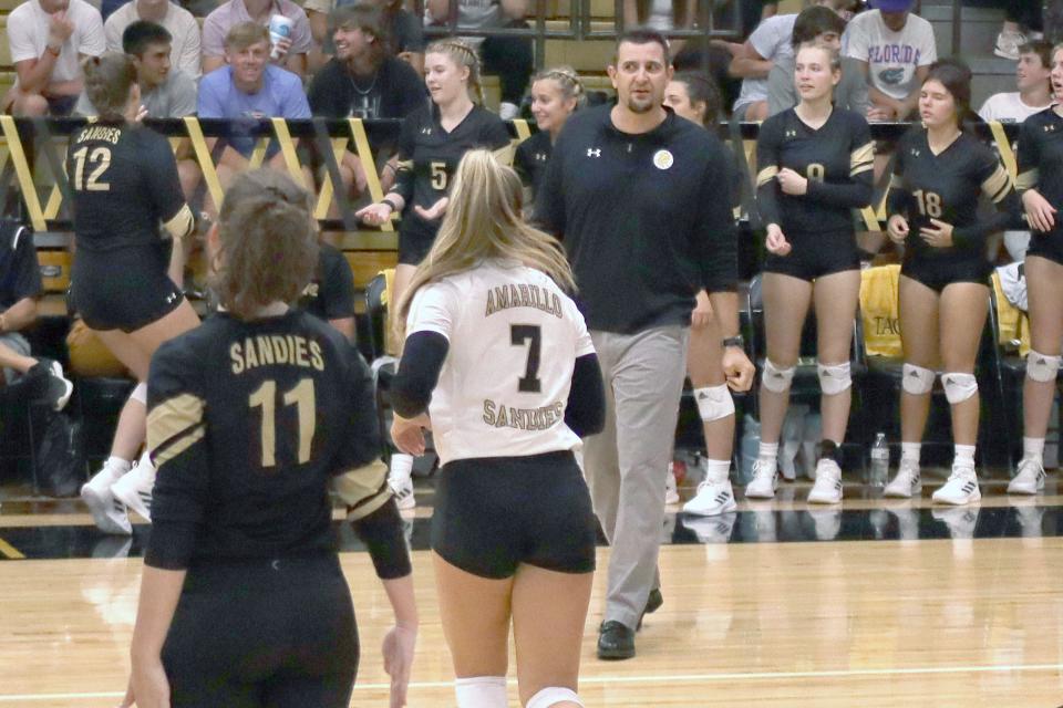 Amarillo High's head volleyball coach Mike Moffitt speaks to his athletes, Tuesday, Aug. 16, 2022, at Amarillo High School.