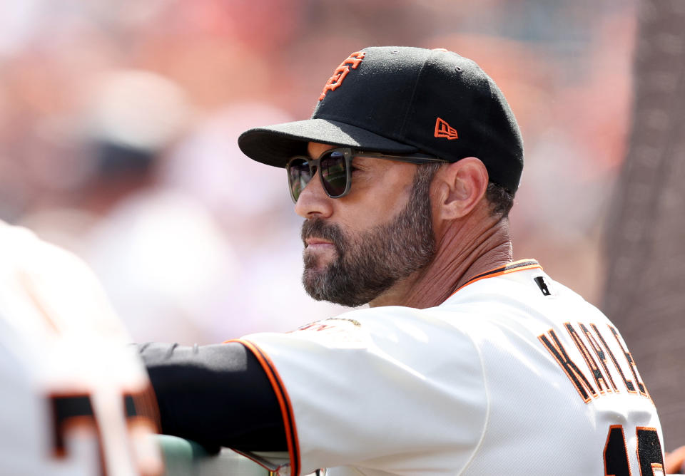 SAN FRANCISCO, CALIFORNIA - APRIL 08: San Francisco Giants manager Gabe Kapler stands in the dugout during their game against the Miami Marlins during their opening day game at Oracle Park on April 08, 2022 in San Francisco, California. (Photo by Ezra Shaw/Getty Images)