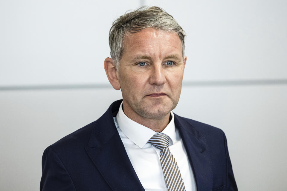 German far-right politician of the Alternative for Germany (AfD) Björn Höcke arrives for a session of his trial over the alleged use of Nazi phrases, at the regional court in Halle, eastern Germany, on Tuesday, April 23, 2024. Höecke, one of the most prominent figures in the far-right Alternative for Germany party, went on trial last Thursday on charges of using a Nazi slogan, months before a regional election in which he plans to run to become his state's governor. (Jens Schlueter/Pool Photo via AP)