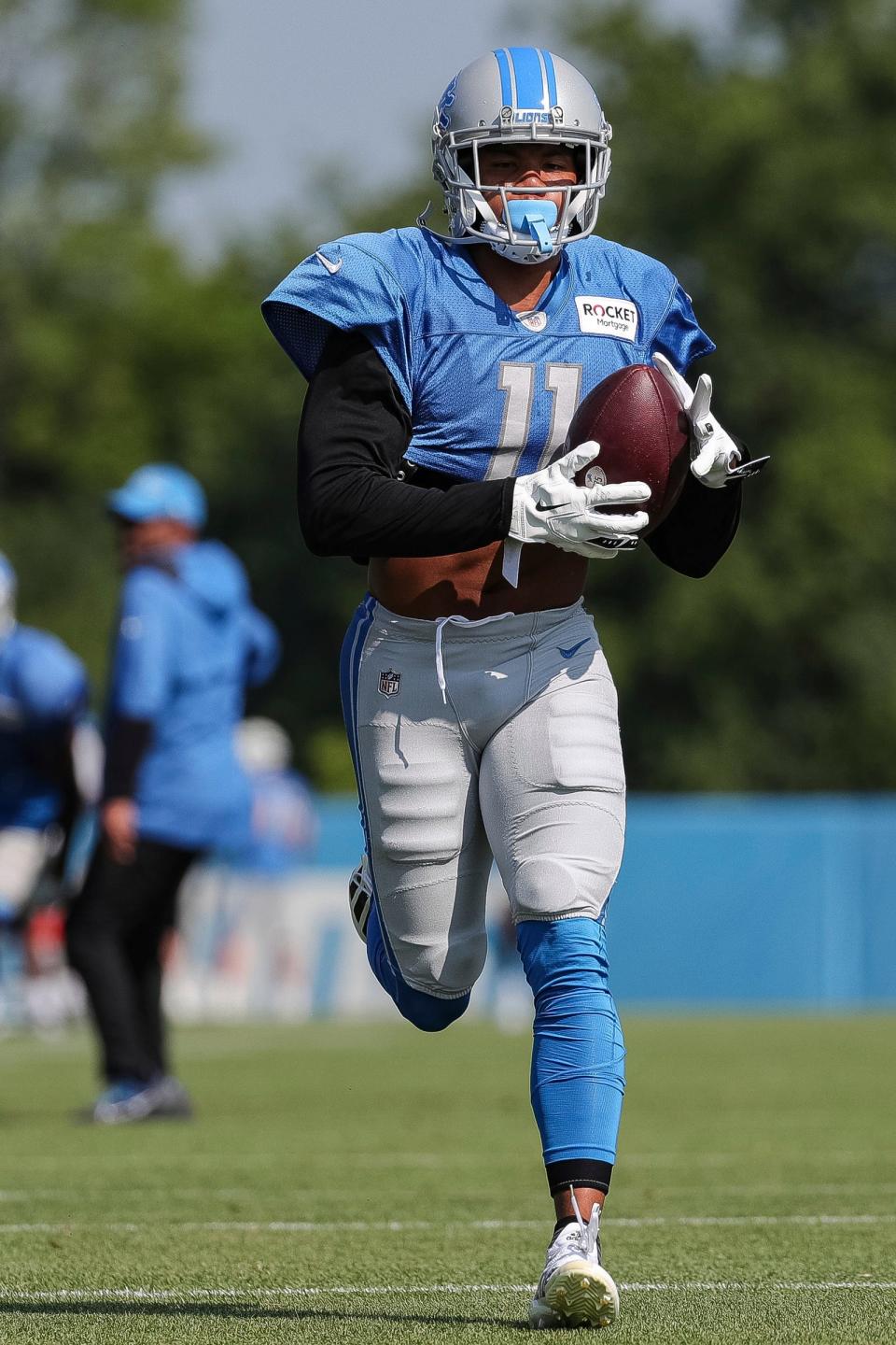 Detroit Lions wide receiver Kalif Raymond runs a drill during the joint practice with New York Giants at Detroit Lions headquarters and training facility in Allen Park on Wednesday, August 9, 2023.