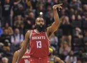 Dec 15, 2018; Memphis, TN, USA; Houston Rockets guard James Harden (13) reacts during the second half against the Memphis Grizzlies at FedExForum. Houston Rockets defeats Memphis Grizzlies 105-97. Mandatory Credit: Justin Ford-USA TODAY Sports