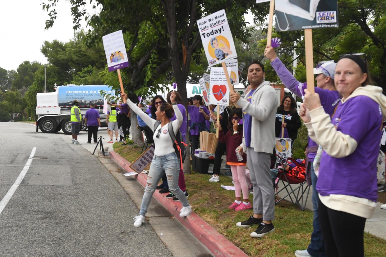 Nurses and other members of SEIU Local 121RN union protest staffing levels and other contract issues at Los Robles Regional Medical Center in Thousand Oaks in a September rally. Union members said they'll launch a five-day strike starting Wednesday.