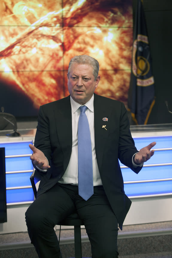 Former Vice President Al Gore speaks to reporters at NASA's Kennedy Space Center in Florida during the first launch attempt of the Deep Space Climate Observatory on Feb. 8, 2015, 17 years after Gore championed an earlier version of the mission