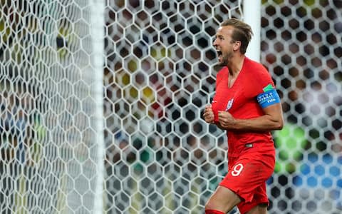 JULY 03: Harry Kane of England celebrates as he scores the goal 0:1 during the 2018 FIFA World Cup Russia Round of 16 match between Colombia and England at Spartak Stadium on July 3, 2018 in Moscow, Russia. (Photo by Stefan Matzke - Credit: corbis sport