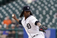 Detroit Tigers starting pitcher Jose Urena throws during the first inning of the team's baseball game against the Cleveland Indians, Wednesday, May 26, 2021, in Detroit. (AP Photo/Carlos Osorio)