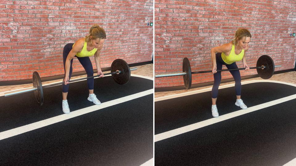 Trainer Sarah Lindsay demonstrates two positions of the barbell bent-over row