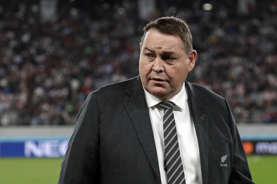 New Zealand coach Steve Hansen looks a the players prior to the Rugby World Cup bronze final game at Tokyo Stadium between New Zealand and Wales in Tokyo, Japan, Friday, Nov. 1, 2019. (AP Photo/Aaron Favila)