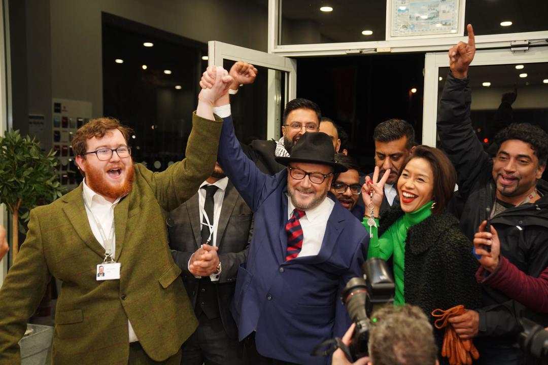 George Galloway holds a rally at his Rochdale Headquarters after being declared winner of the Rochdale by-election, which was triggered after the death of Labour MP Sir Tony Lloyd. Picture date: Thursday February 29, 2024.