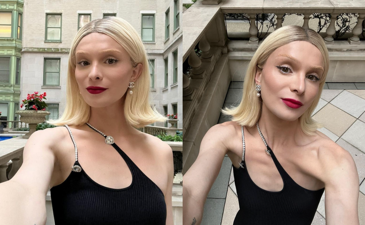 split screen of dylan mulvaney with blonde hair, red lipstick, black one-shoulder dress on balcony taking selfie