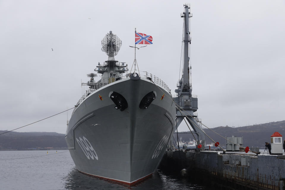 The Northern Fleet's flagship, the Pyotr Veilikiy (Peter the Great) missile cruiser, is seen at its Arctic base of Severomorsk, Russia, Thursday, May 13, 2021. Adm. Alexander Moiseyev, the commander of Russia's Northern Fleet griped Thursday about increased NATO's military activities near the country's borders, describing them as a threat to regional security. (AP Photo/Alexander Zemlianichenko)