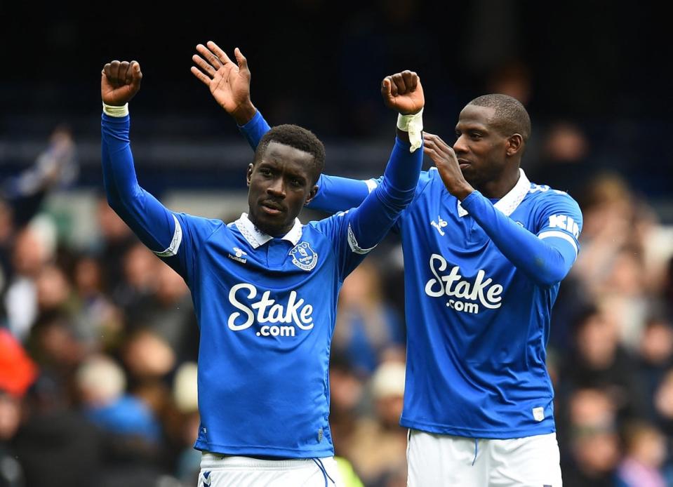 Idrissa Gueye, left, celebrates after scoring Everton’s first goal (Reuters)