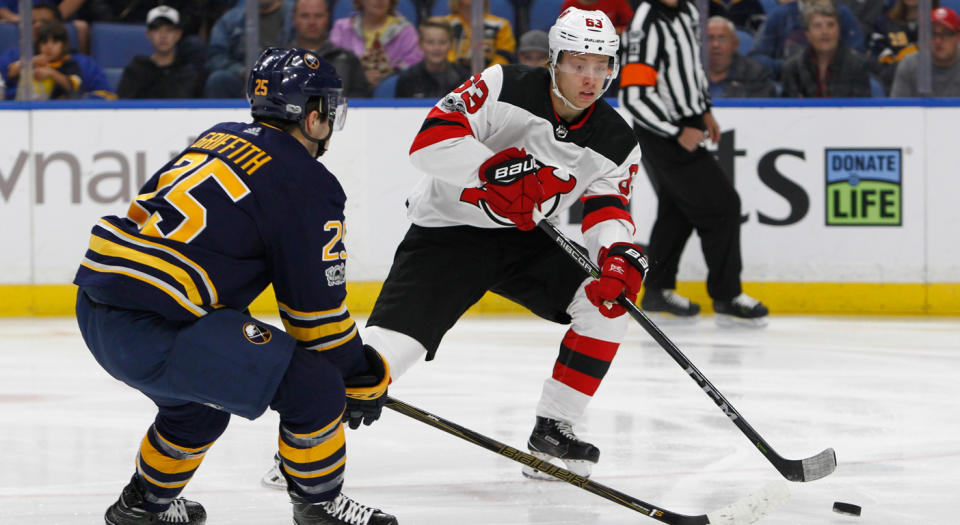 Jesper Bratt is earning his stay with the New Jersey Devils. (AP Photo/Jeffrey T. Barnes)