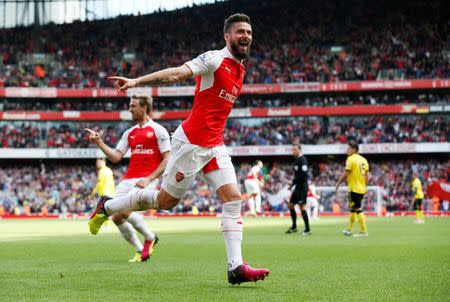 Britain Soccer Football - Arsenal v Aston Villa - Barclays Premier League - Emirates Stadium - 15/5/16 Olivier Giroud celebrates after scoring the second goal for Arsenal Reuters / Stefan Wermuth