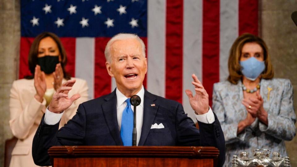 President Joe Biden addresses a joint session of Congress, with Vice President Kamala Harris and House Speaker Nancy Pelosi (D-CA) on the dais behind him on April 28, 2021 in Washington, DC.(Photo by Melina Mara-Pool/Getty Images)