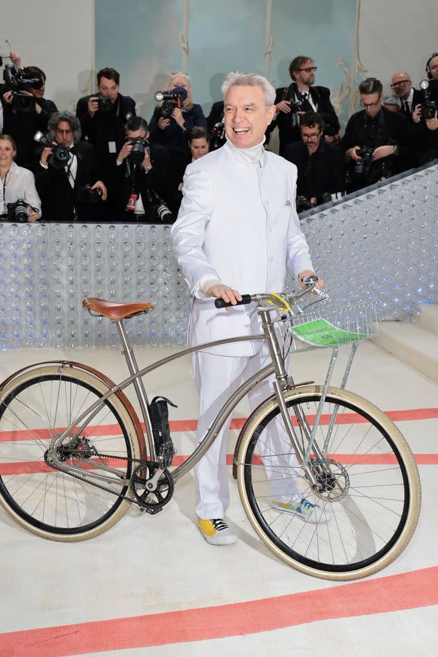 David Byrne looks breezy with his bicycle at the Met Gala.