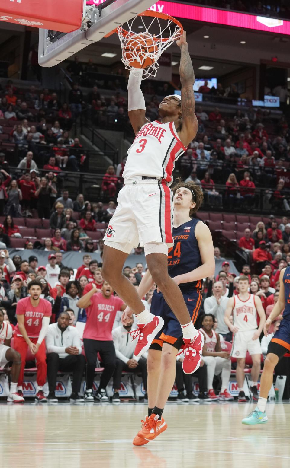 Feb 26, 2023; Columbus, OH, USA; Ohio State Buckeyes guard Eugene Brown III (3) dunks during NCAA basketball game Feb. 26, 2023 at Value City Arena. Mandatory Credit: Doral Chenoweth-The Columbus Dispatch