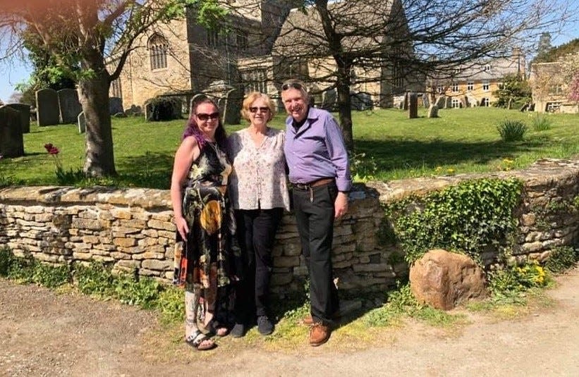 Jerry Stoddard with his wife, Mary Jean (center), and daughter Katie Stoddard on a family vacation to England in 2019.