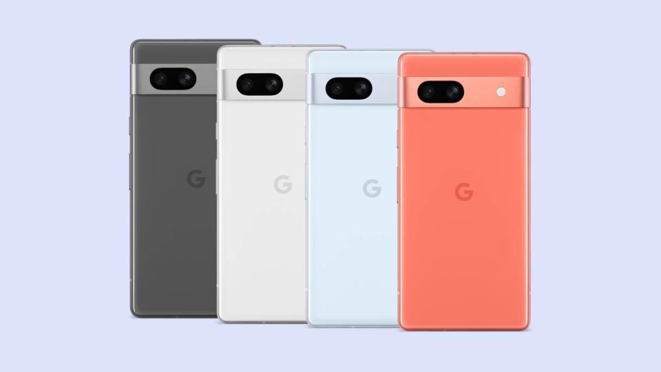 Google  Pixel 7a phone from left to right in black, white, blue and coral