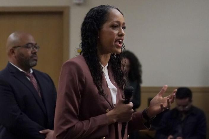 San Francisco District Attorney Brooke Jenkins speaks at a news conference after a courtroom appearance by Nima Momeni at the Hall of Justice in San Francisco, Tuesday, April 25, 2023. Momeni has been charged with murder in the death of tech entrepreneur Bob Lee. (AP Photo/Jeff Chiu)