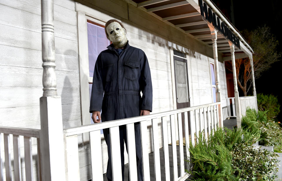 An actor dressed as the character of Michael Myers attends the Universal Pictures’ ‘Halloween’ premiere at TCL Chinese Theatre on October 17