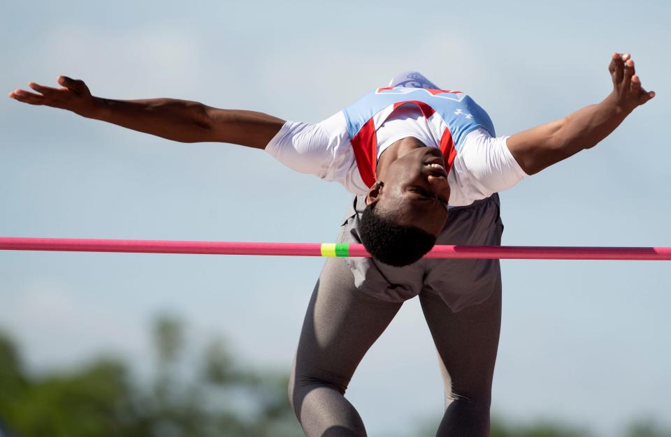 Monterey's Steven Runels competes in the Class 5A high jump during the UIL State Track and Field meet, Friday, May 13, 2022, at Mike A. Myers Stadium in Austin.