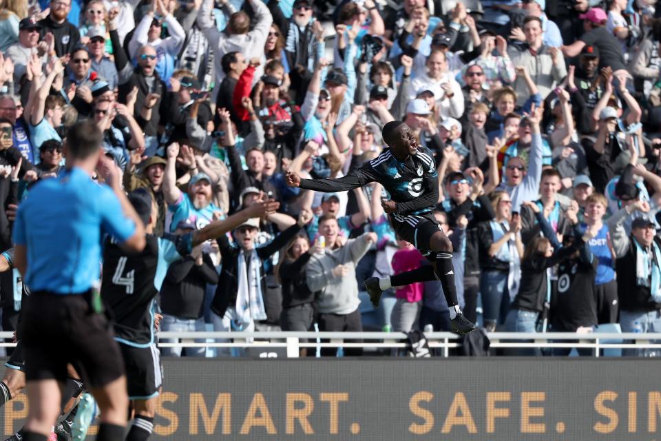 Minnesota forward Tanitoluwa Oluwaseyi celebrates after tying the game against the Crew on Saturday.